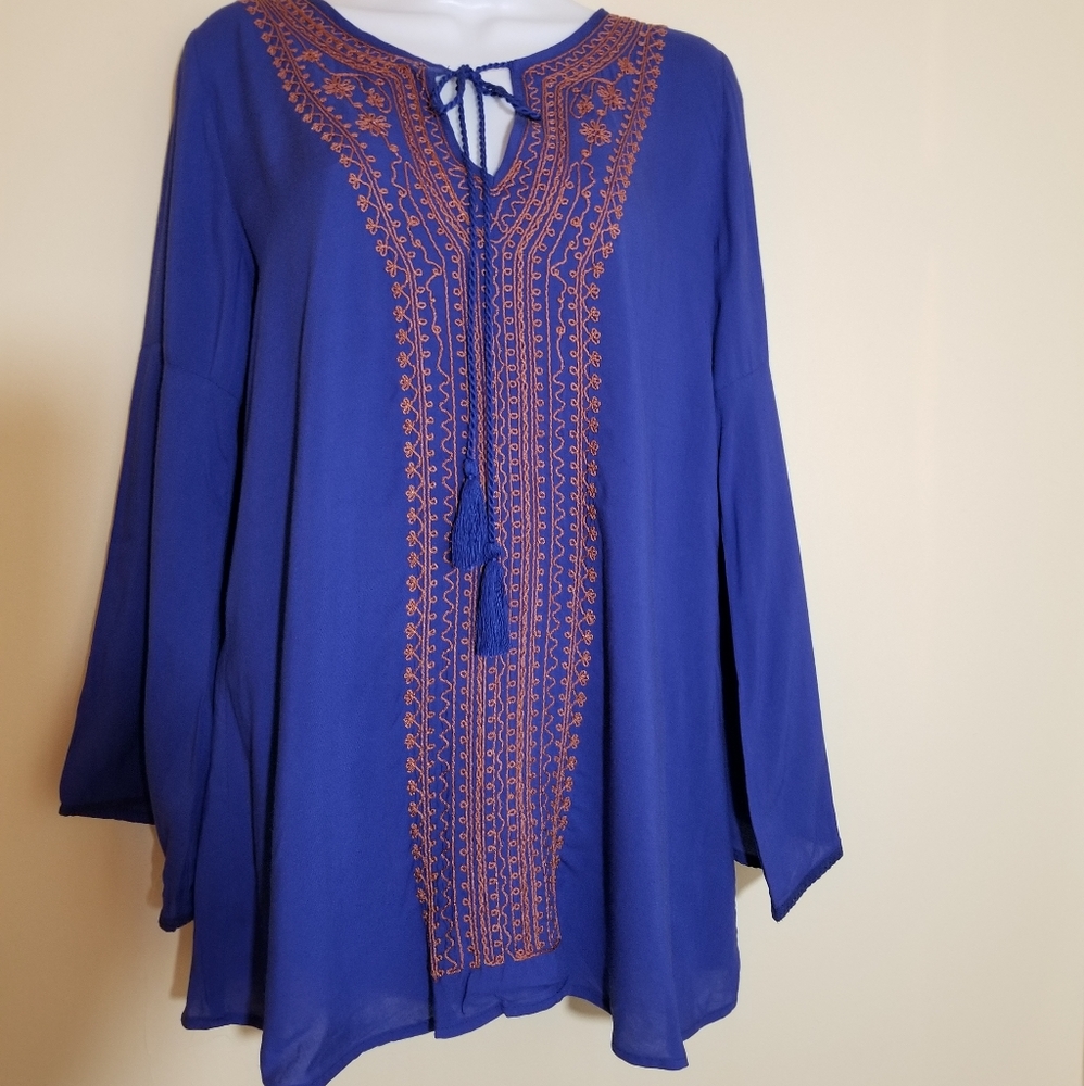 Andree Blue Boho Embroidered Top Size S/M